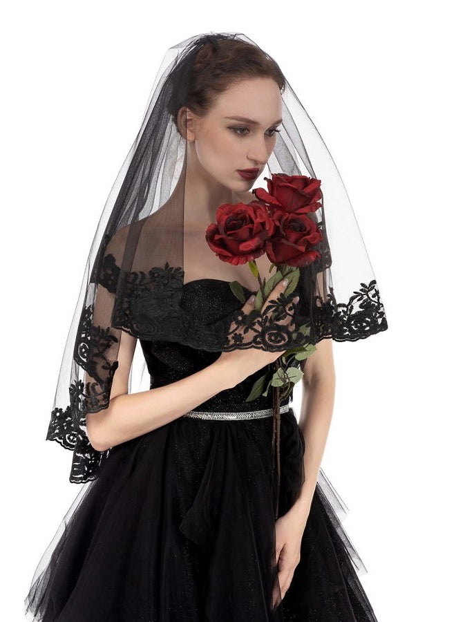 Pamor Black Lace Veil Creative Mantilla Cathedral Tulle Sheer Wedding Halloween Veil for Bride With Comb - Image 3