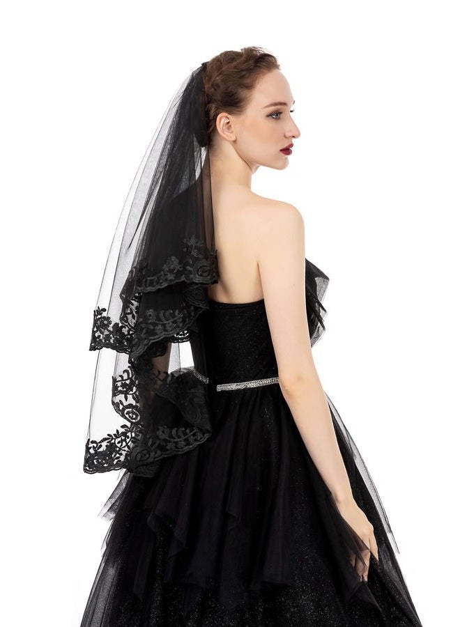 Pamor Black Lace Veil Creative Mantilla Cathedral Tulle Sheer Wedding Halloween Veil for Bride With Comb - Image 4
