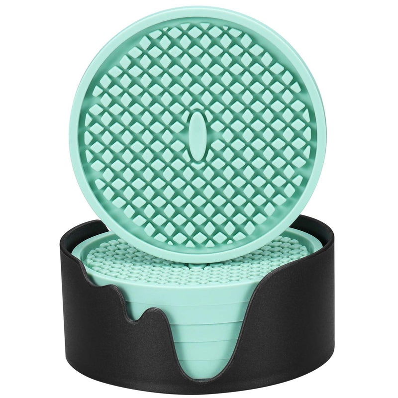 MEFAN Silicone Coasters 6 Pack Thickened Drink Coasters with Holder Cup Mat NonSlip Nonstick Stay Put Deep Tray Prevents Furniture and Tabletop DamagesPeppermint Green