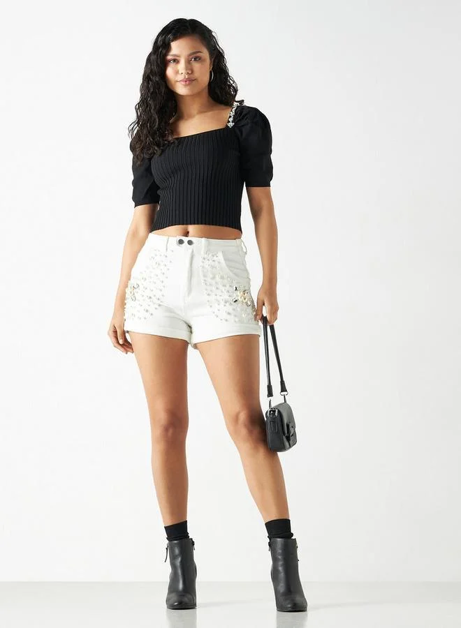 2Xtremz 2Xtremz Button Accented Textured T-shirt with Square Neck and Puff Sleeves