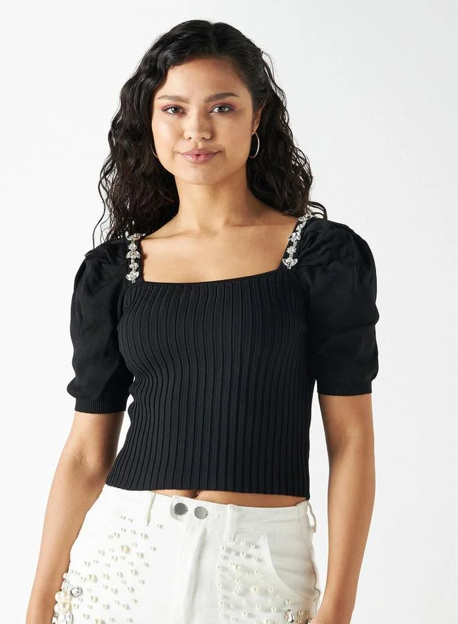2Xtremz 2Xtremz Button Accented Textured T-shirt with Square Neck and Puff Sleeves