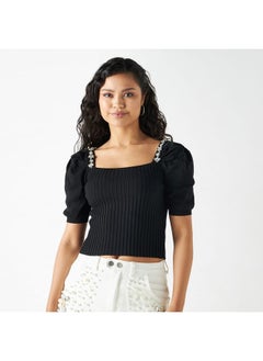 2Xtremz 2Xtremz Button Accented Textured T-shirt with Square Neck and Puff Sleeves  - Image 1