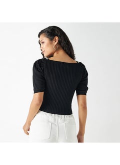 2Xtremz 2Xtremz Button Accented Textured T-shirt with Square Neck and Puff Sleeves  - Image 3