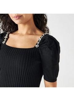 2Xtremz 2Xtremz Button Accented Textured T-shirt with Square Neck and Puff Sleeves  - Image 4