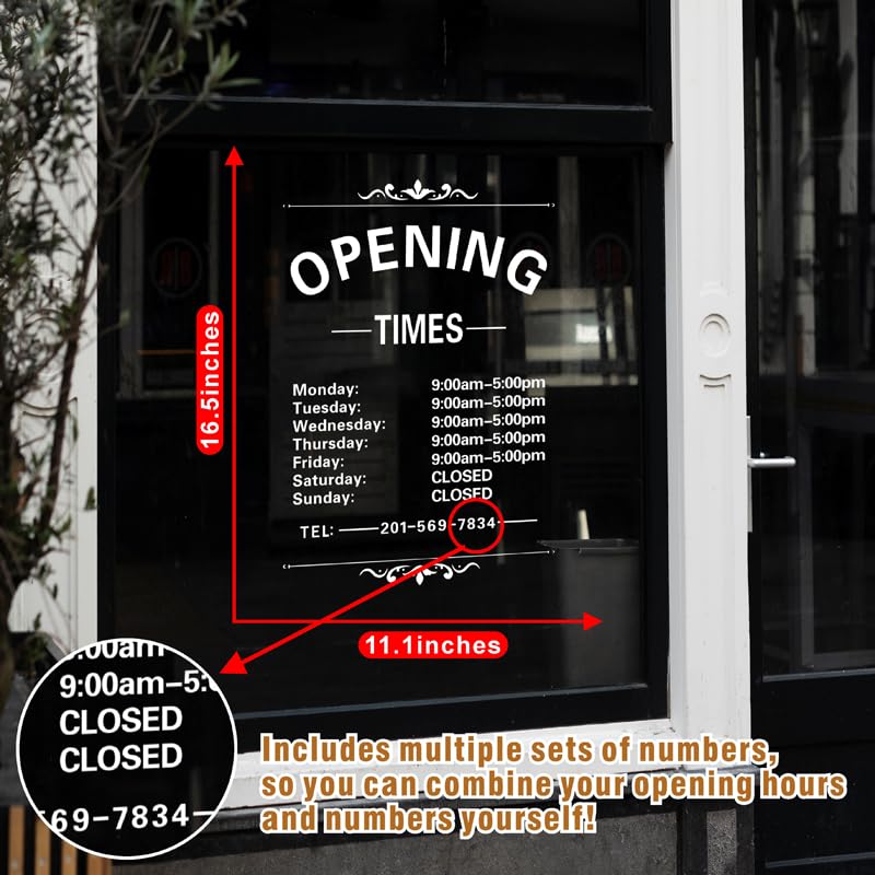 HATARU Business Hours Window Decal Business Hours Sign for Glass Door Changeable Store Hours Signs Decals Open Closed Signs Decal for Business Coffee Shop Salon Office Outside Hours of Operation Decor (White) - Image 2