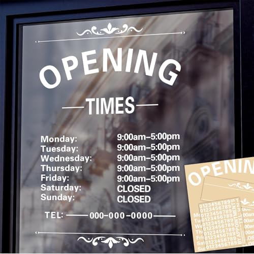 HATARU Business Hours Window Decal Business Hours Sign for Glass Door Changeable Store Hours Signs Decals Open Closed Signs Decal for Business Coffee Shop Salon Office Outside Hours of Operation Decor (White) - Image 1