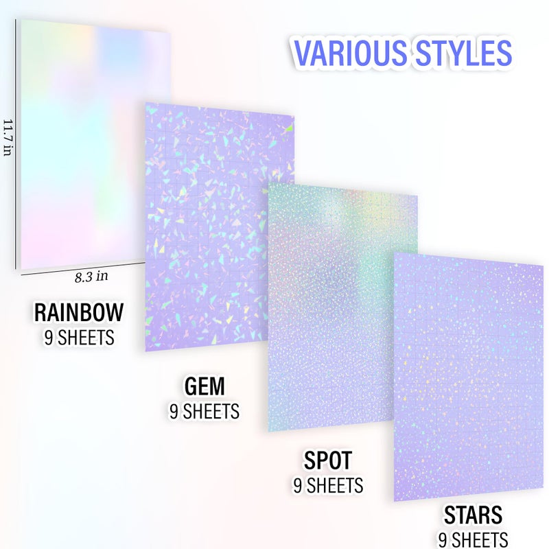 SANZIX 36 Transparent Holographic Laminate Sheets - A4 Waterproof Self Adhesive Laminating Sheets, Vinyl Sticker Papers for Stickers, Scrapbooking, Cricut Crafts (Colorful, Gem, Dot, Star) - Image 3