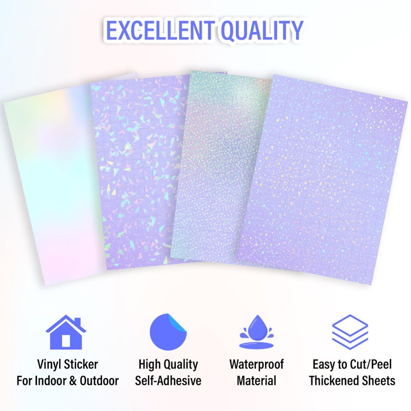 SANZIX 36 Transparent Holographic Laminate Sheets - A4 Waterproof Self Adhesive Laminating Sheets, Vinyl Sticker Papers for Stickers, Scrapbooking, Cricut Crafts (Colorful, Gem, Dot, Star) - Image 4