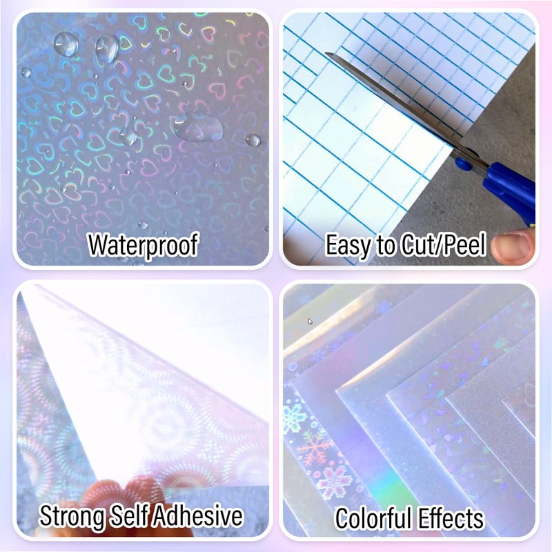 SANZIX 36 Transparent Holographic Laminate Sheets - A4 Waterproof Self Adhesive Laminating Sheets, Vinyl Sticker Papers for Stickers, Scrapbooking, Cricut Crafts (Colorful, Gem, Dot, Star) - Image 2