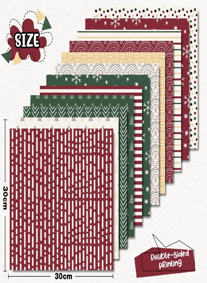 Whaline 24Pcs Boho Christmas Pattern Paper Red Green Scrapbook Specialty Paper Christmas Tree Snowflake Double Sided Craft for DIY Card Making Photo Album Decor, 11.8 x 11.8 Inch - Image 2