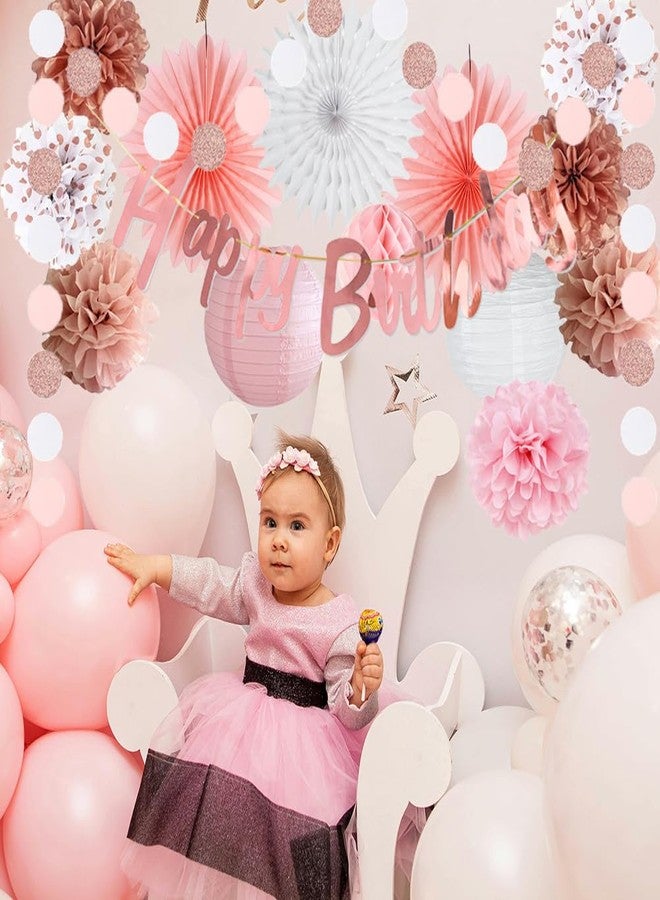FETETIJD Pink White Rose Gold Birthday Decorations Rose Gold Happy Birthday Banner Pink Rose White Tissue Paper Pom Poms Paper Fans Circle Dots Garland for Women Girls Birthday Party Decor - Image 3