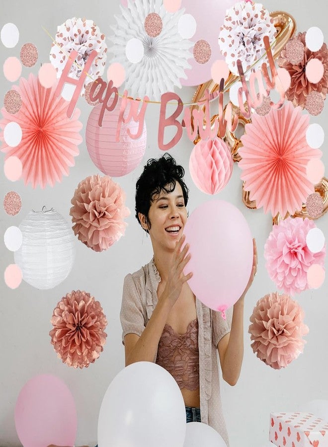 FETETIJD Pink White Rose Gold Birthday Decorations Rose Gold Happy Birthday Banner Pink Rose White Tissue Paper Pom Poms Paper Fans Circle Dots Garland for Women Girls Birthday Party Decor - Image 4