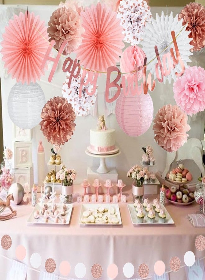FETETIJD Pink White Rose Gold Birthday Decorations Rose Gold Happy Birthday Banner Pink Rose White Tissue Paper Pom Poms Paper Fans Circle Dots Garland for Women Girls Birthday Party Decor - Image 5