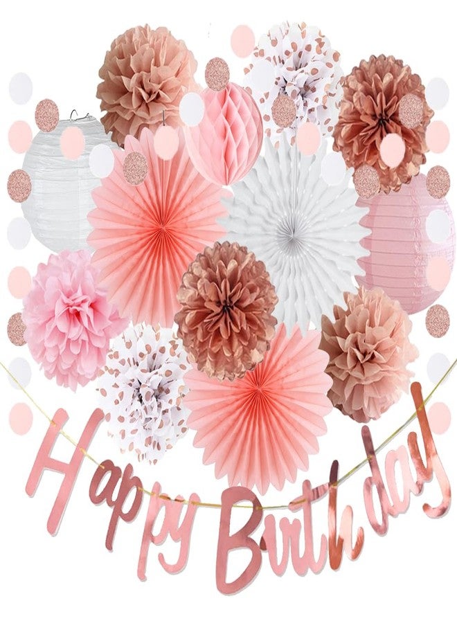 FETETIJD Pink White Rose Gold Birthday Decorations Rose Gold Happy Birthday Banner Pink Rose White Tissue Paper Pom Poms Paper Fans Circle Dots Garland for Women Girls Birthday Party Decor - Image 1