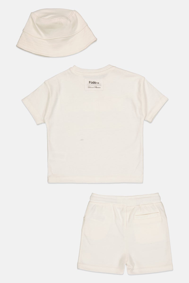 Fudo Toddlers Boy 3 Pcs Solid T-Shirt, Short And Bucket Hat Set, Off White - Image 2