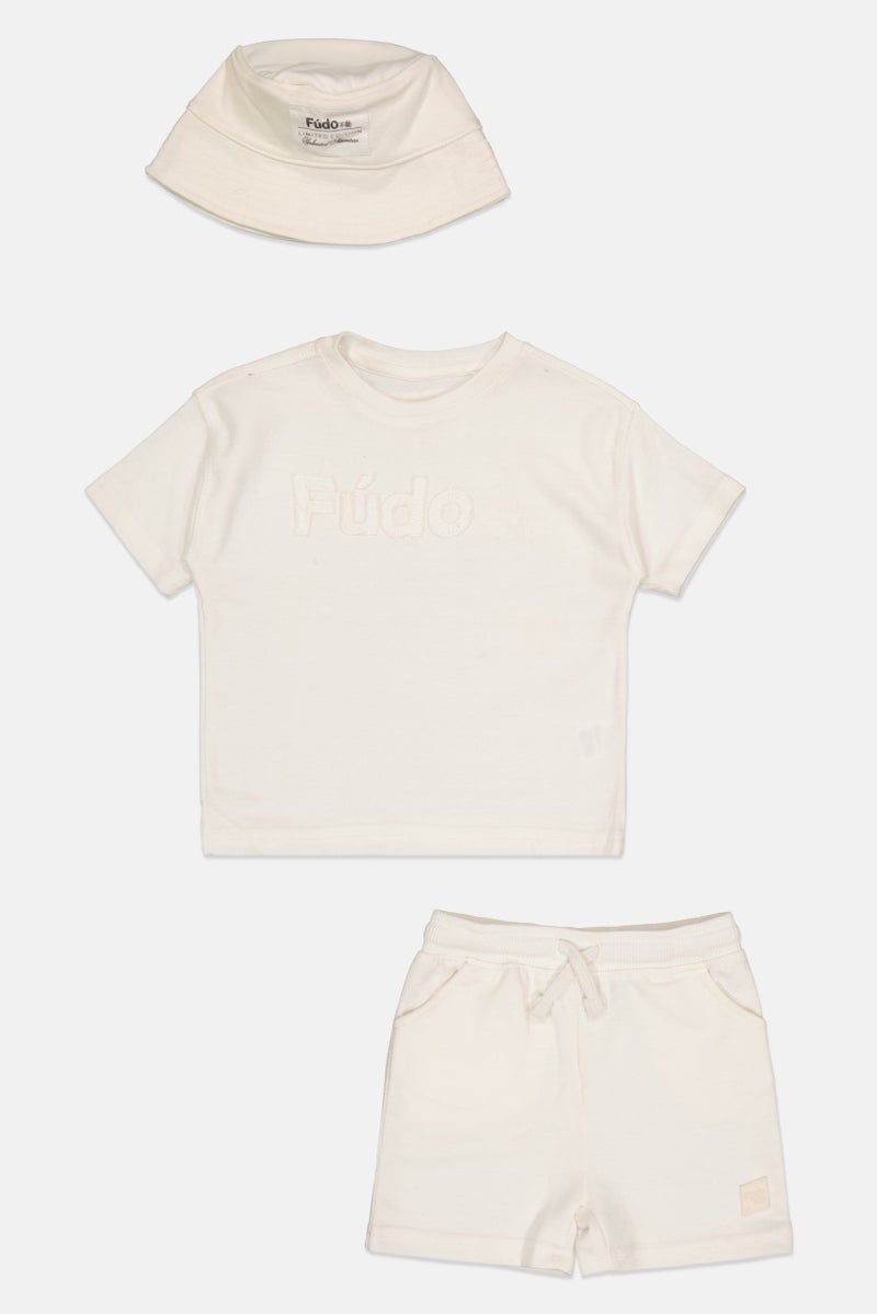 Fudo Toddlers Boy 3 Pcs Solid T-Shirt, Short And Bucket Hat Set, Off White - Image 1
