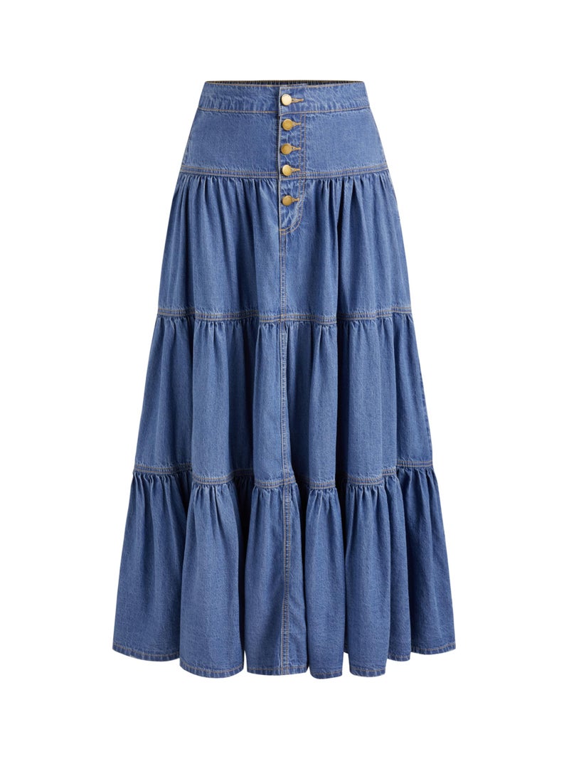 CIDER Womenâ€™s Long Jean Denim Tiered Button Down High Waisted Maxi Skirts: Mid Blue, M - Image 1