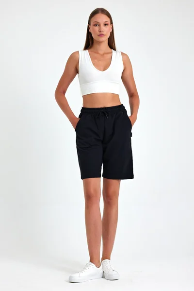 mmetalic Women's Relaxed Cut Elastic Waist Seasonal Soft Fabric Pocket Black Long Bermuda Shorts
