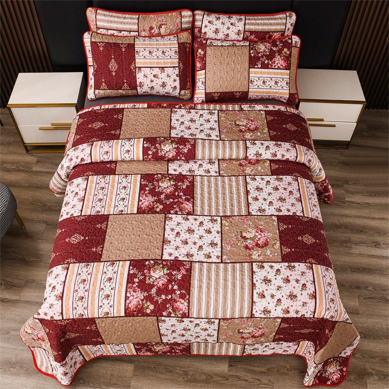 YASMENG 3 Pieces Floral Plaid Patchwork Bedding Quilt Set Queen Red Brown White Plaid Patchwork with Peony Flower Quilted Bedspread Coverlet Set Soft Lightweight Microfiber Bed Cover Set for All Seasons - Image 3