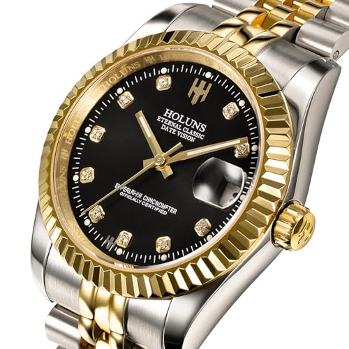 HOLUNS Mens Full Gold Watch Automatic Mechanical Gilded Steel Self-Wind Sapphire Glass Dress Waterproof Watch (Black dial with Stainless Steel Band) - Image 2