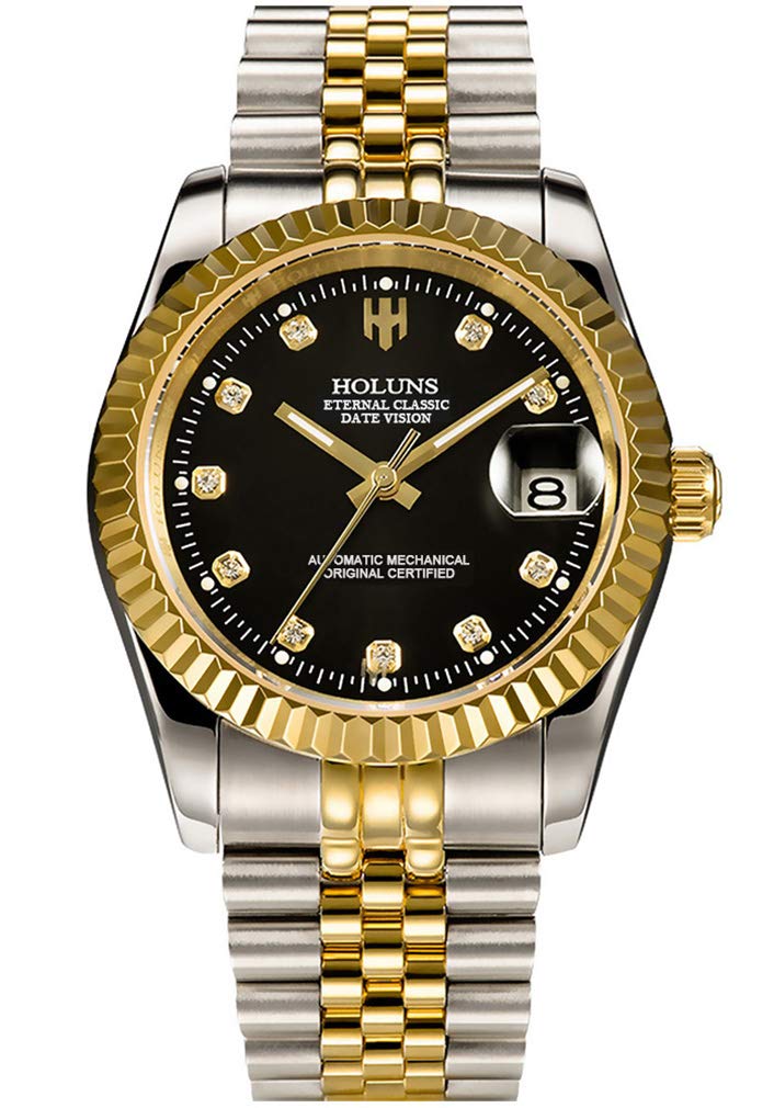 HOLUNS Mens Full Gold Watch Automatic Mechanical Gilded Steel Self-Wind Sapphire Glass Dress Waterproof Watch (Black dial with Stainless Steel Band) - Image 1