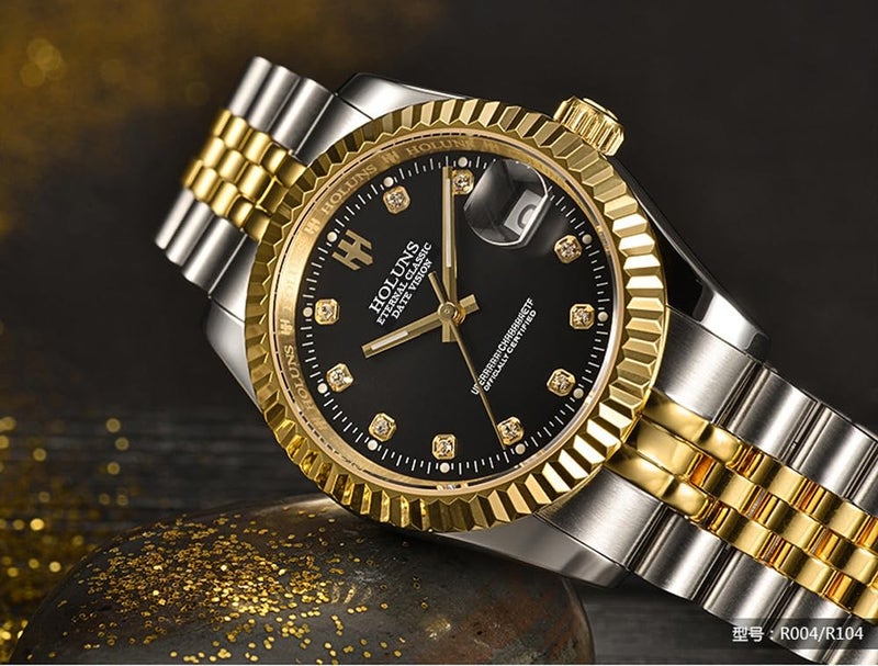 HOLUNS Mens Full Gold Watch Automatic Mechanical Gilded Steel Self-Wind Sapphire Glass Dress Waterproof Watch (Black dial with Stainless Steel Band) - Image 3