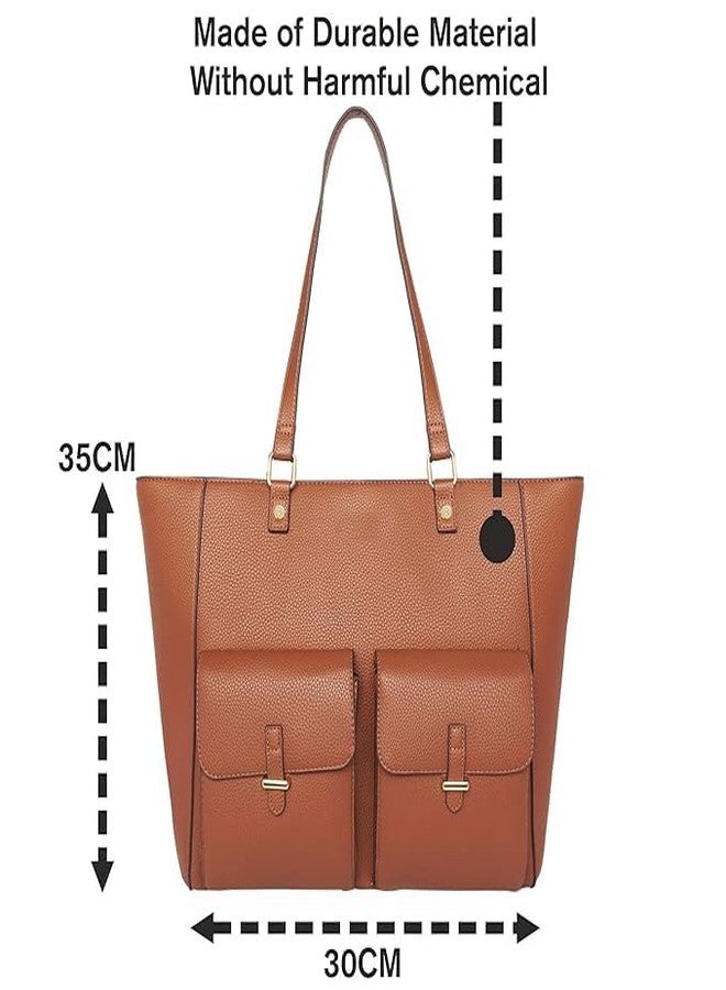 TrueArch Women's Hand Crafted Dual Pocket Vegan Leather handBag& Tote Bag (Tan) - Image 4