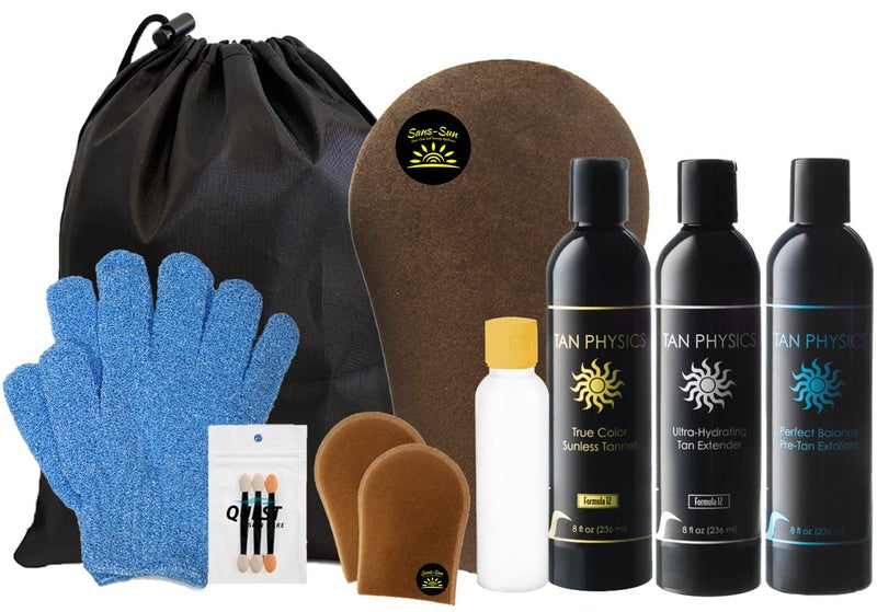 Tan Physics Self Tanner  13pc Sunless Tanning Kit with True Color Tanner PreTan Exfoliator  Tan Extender  Includes Face  Body Mitts Exfoliation Glove Detail Applicator Travel Bag  Bottle