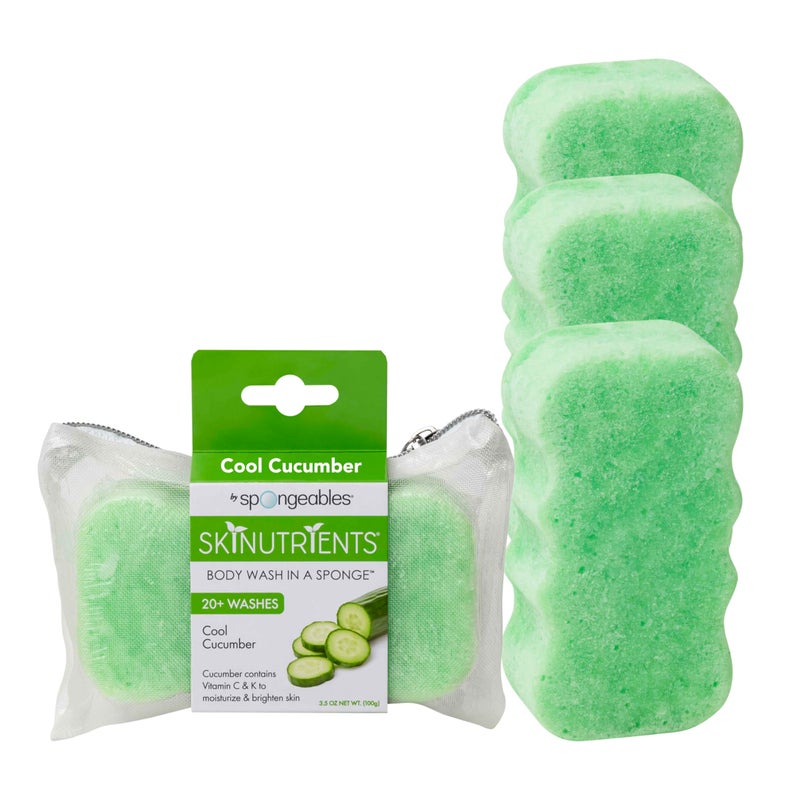 Spongeables Body Wash in a 20+ Wash Sponge, Cool Cucumber, 3 Count