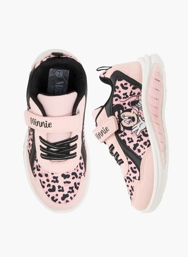 ديزني Girls Minnie Mouse Print Sneakers with Hook and Loop Closure