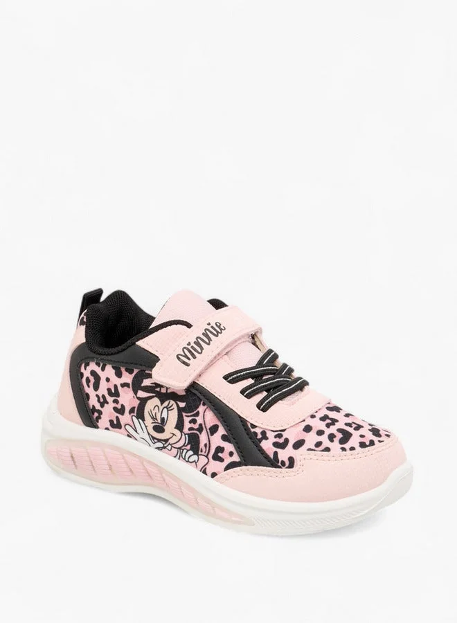 Disney Girls Minnie Mouse Print Sneakers with Hook and Loop Closure