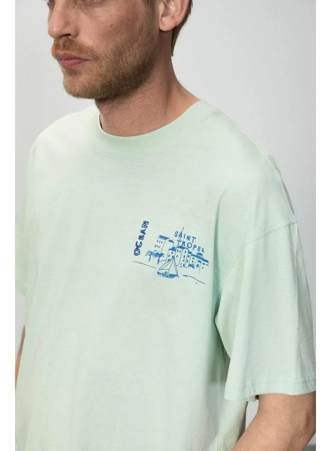 GRIMELANGE ALONZO Men's Oversize Fit 100% Cotton Embroidered and Printed Mint Green T-Shirt.