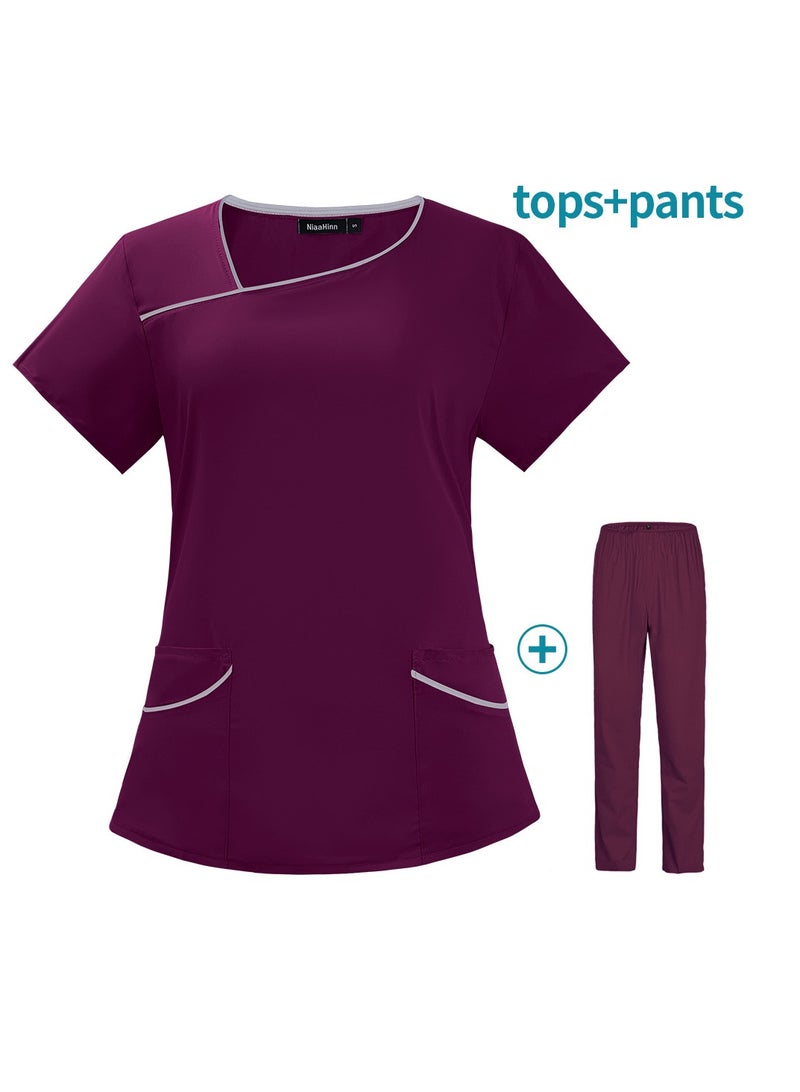 Loquat Womens Medical Uniform Scrubs 2 Piece Set Top and Elastic Waist Pants Suit Wine Red - Image 2