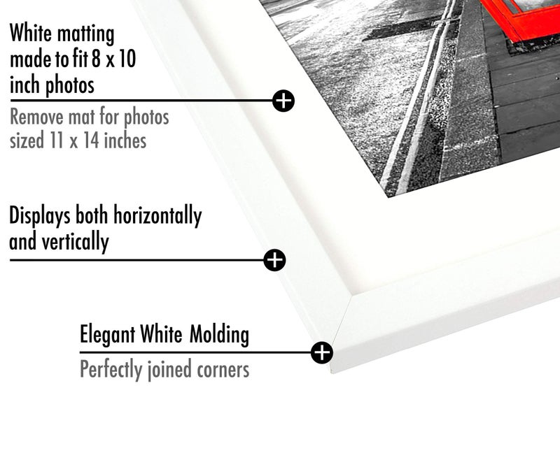 Americanflat 11x14 Picture Frame with Shatter-Resistant Glass - Use as 8x10 Frame with Mat or Display 11x14 Photo Without Mat - Signature Collection - Picture Frames for Wall Display - White - Image 3