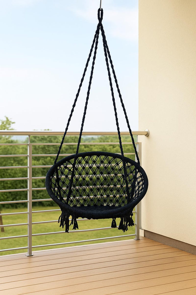 Patiofy Swing for Adults/Swing Chair/Swing for Balcony, Indoor & Outdoor/Wooden Swing Chair for Adults for Home/Cotton Hanging Jhula Without Accessories (Capacity Upto 120Kgs-Black) - Image 1