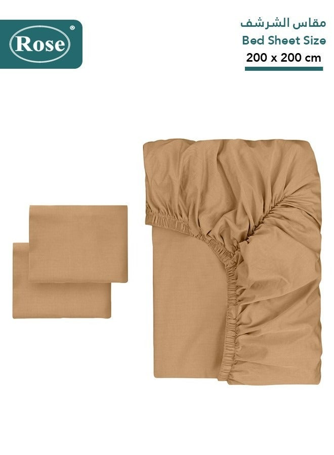 Rose Luxurious Plain Fitted Sheet with Deep Pockets and Pillow Cases, Bed Sheet 3-Pieces Set, Soft & Cozy Microfiber Breathable and Cooling, King Size 200x200+38 cm, Black - Camel - Image 2