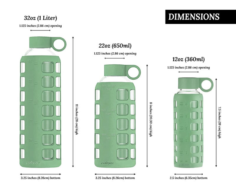 purifyou Premium 40/32 / 22/12 oz Glass Water Bottles with Volume & Times to Drink  Silicone Sleeve & Stainless Steel Lid Insert  Reusable Bottle for Fridge Water  Milk  Juice (32oz Shale Green) - Image 3