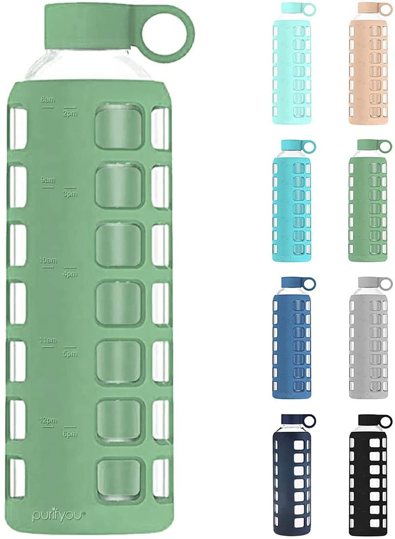purifyou Premium 40/32 / 22/12 oz Glass Water Bottles with Volume & Times to Drink  Silicone Sleeve & Stainless Steel Lid Insert  Reusable Bottle for Fridge Water  Milk  Juice (32oz Shale Green) - Image 1