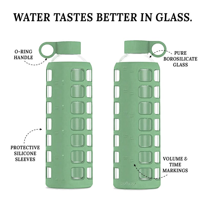 purifyou Premium 40/32 / 22/12 oz Glass Water Bottles with Volume & Times to Drink  Silicone Sleeve & Stainless Steel Lid Insert  Reusable Bottle for Fridge Water  Milk  Juice (32oz Shale Green) - Image 4