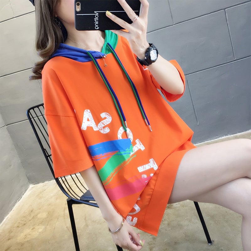 2025 Summer Korean Style Hooded Drawstring Large Size Loose Top Letter Print Slit Student Short-Sleeved T-Shirt Women's Trendy - Image 2