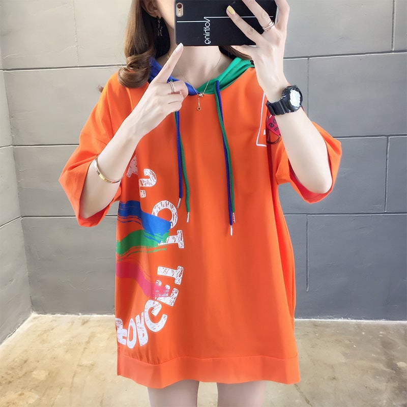 2025 Summer Korean Style Hooded Drawstring Large Size Loose Top Letter Print Slit Student Short-Sleeved T-Shirt Women's Trendy - Image 1