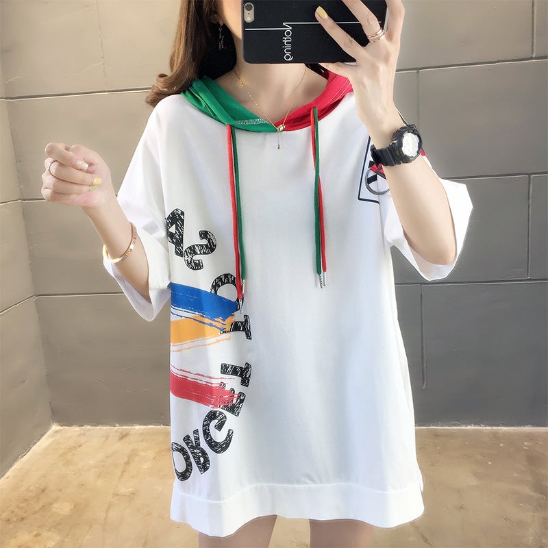 2025 Summer Korean Style Hooded Drawstring Large Size Loose Top Letter Print Slit Student Short-Sleeved T-Shirt Women's Trendy - Image 3