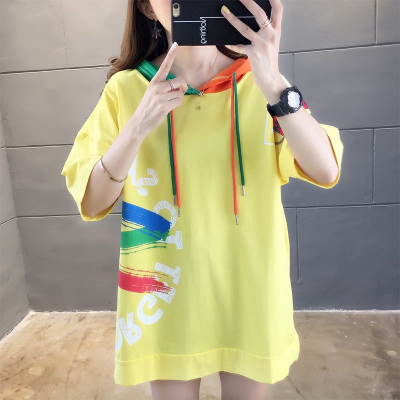 2025 Summer Korean Style Hooded Drawstring Large Size Loose Top Letter Print Slit Student Short-Sleeved T-Shirt Women's Trendy - Image 4