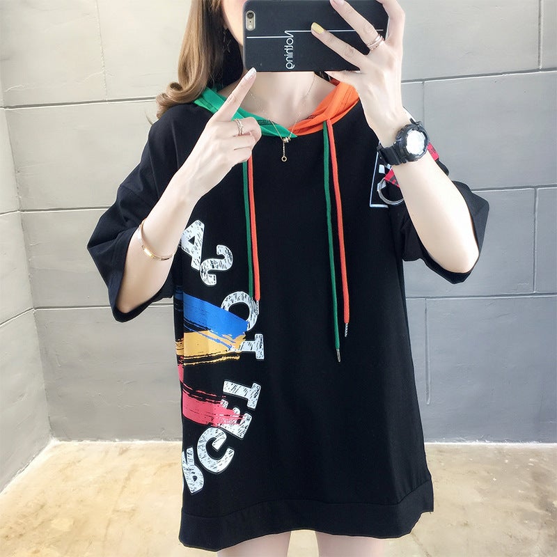 2025 Summer Korean Style Hooded Drawstring Large Size Loose Top Letter Print Slit Student Short-Sleeved T-Shirt Women's Trendy - Image 5
