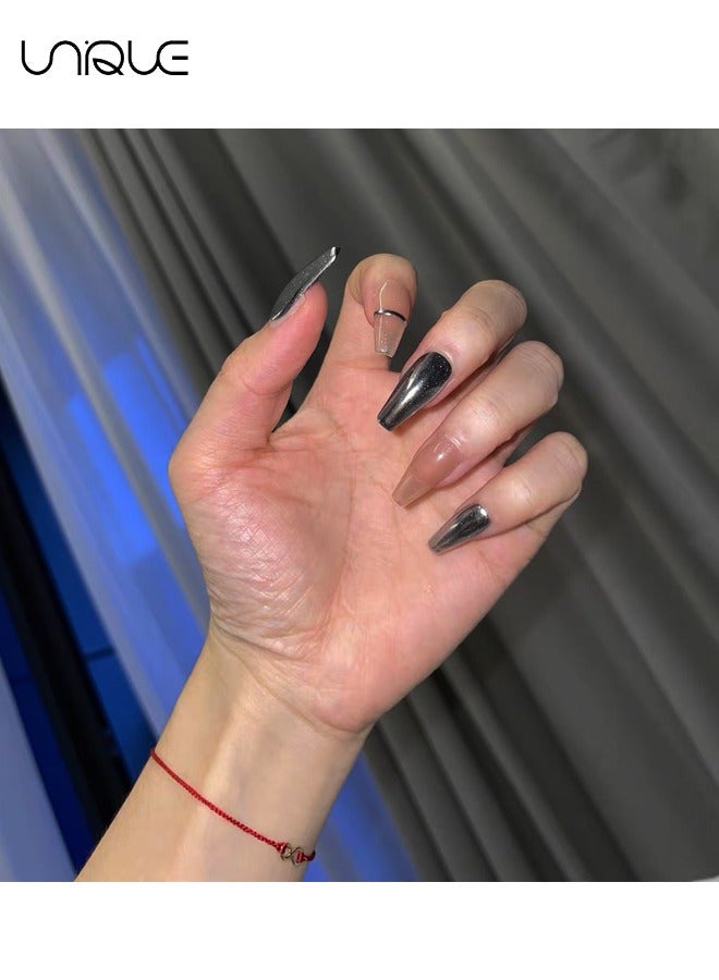 يونيك 24 قطعة أظافر مزيفة ، أظافر مكبس ، مانيكير باليه متوسط الطول - سلسلة - مانيكير فضي بسيط - مسحوق المرآة السحرية فن الأظافر المذهب - رقعة الأظافر المزيفة - Image 4