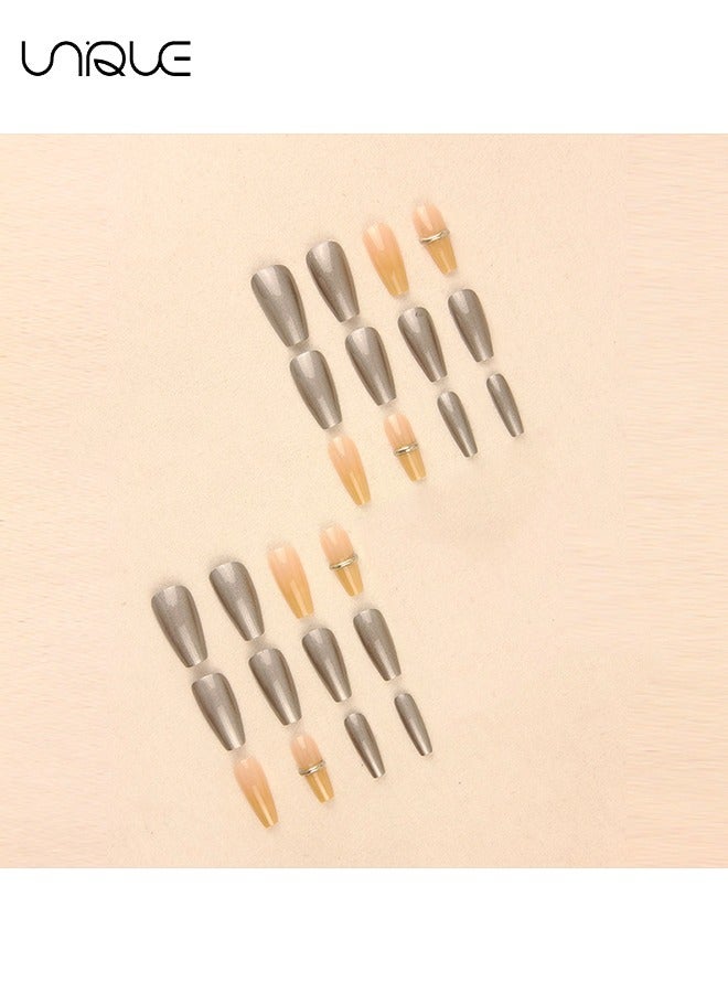 يونيك 24 قطعة أظافر مزيفة ، أظافر مكبس ، مانيكير باليه متوسط الطول - سلسلة - مانيكير فضي بسيط - مسحوق المرآة السحرية فن الأظافر المذهب - رقعة الأظافر المزيفة - Image 3