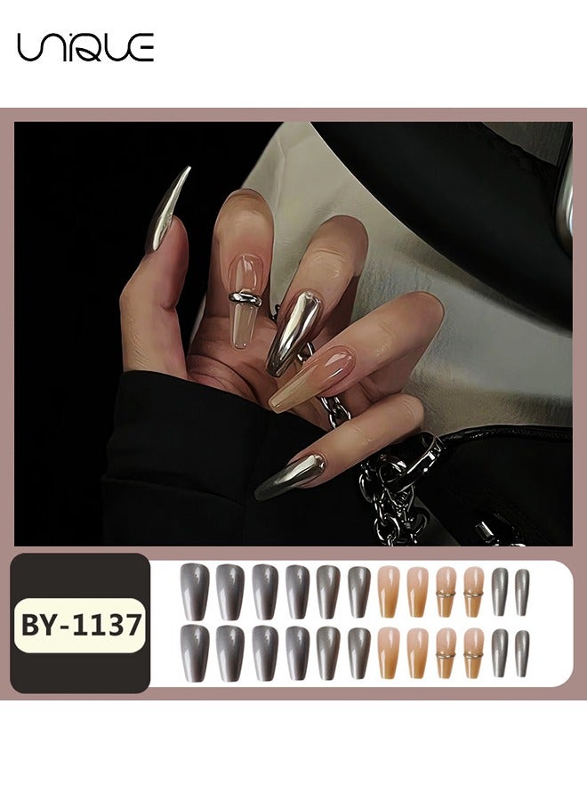 يونيك 24 قطعة أظافر مزيفة ، أظافر مكبس ، مانيكير باليه متوسط الطول - سلسلة - مانيكير فضي بسيط - مسحوق المرآة السحرية فن الأظافر المذهب - رقعة الأظافر المزيفة - Image 2