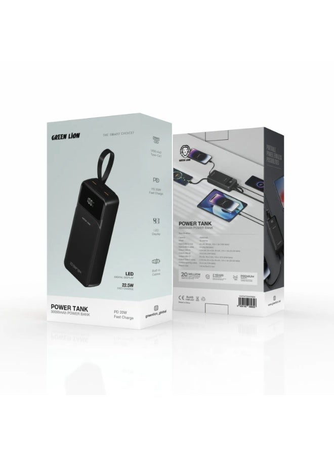 GREEN LION Power Tank 30000mAh Power Bank / PD 20W Fast Charger PowerBank / 2xUSB-A & 1xType-C Port / LED Digital Display / Built-in Cables / USB-A/USB-C/Lightening Output - Black - Image 3