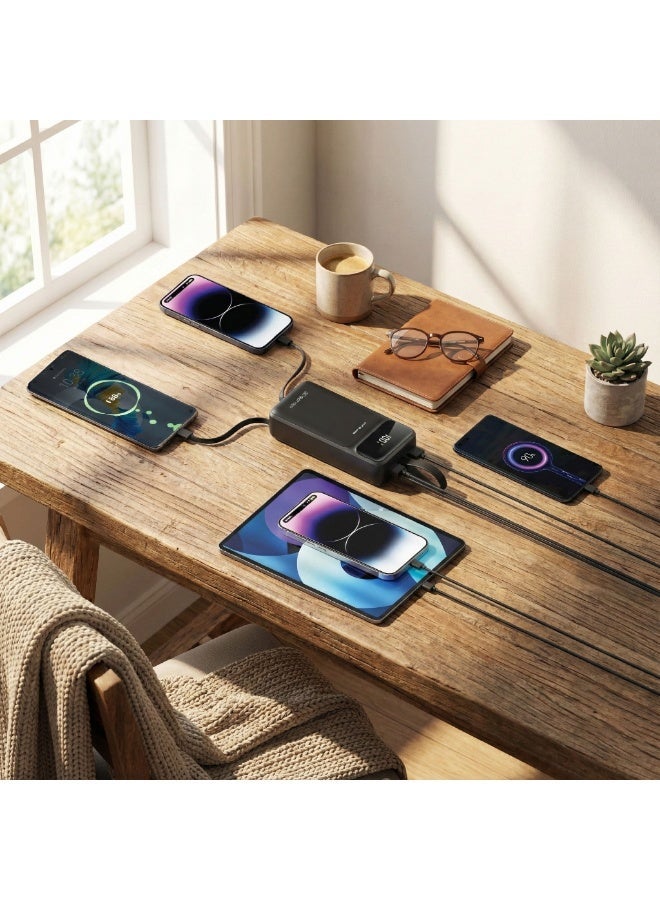 جرين ليون باور بانك بسعة 30000 مللي أمبير 22.5 واط، شحن سريع، PD 20 واط، شاشة رقمية LED، منفذي USB-A و USB-C، كابلات مدمجة من نوع C و Lightning، للآيفون 17/16/15، S23/S24/S25 - أسود - Image 2