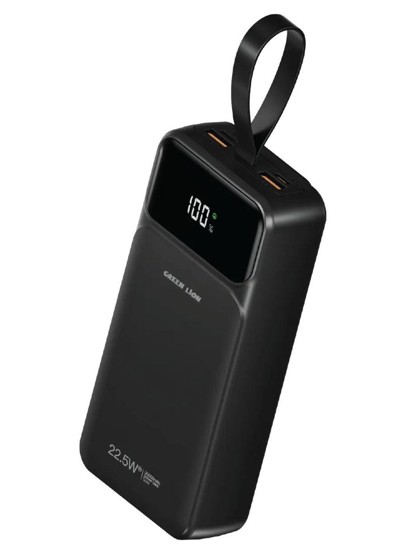جرين ليون باور بانك بسعة 30000 مللي أمبير 22.5 واط، شحن سريع، PD 20 واط، شاشة رقمية LED، منفذي USB-A و USB-C، كابلات مدمجة من نوع C و Lightning، للآيفون 17/16/15، S23/S24/S25 - أسود - Image 1